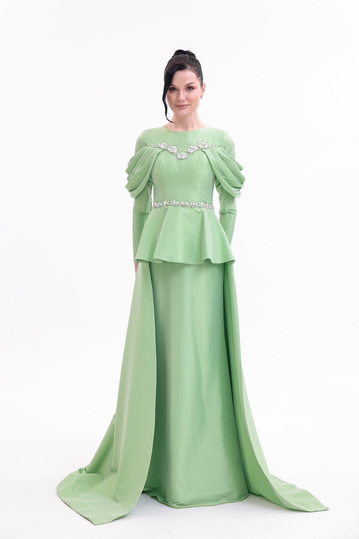 BDM Exclusive Tafta Taş İşlemeli Drape Kollu Peplum Premium Abiye Elbise