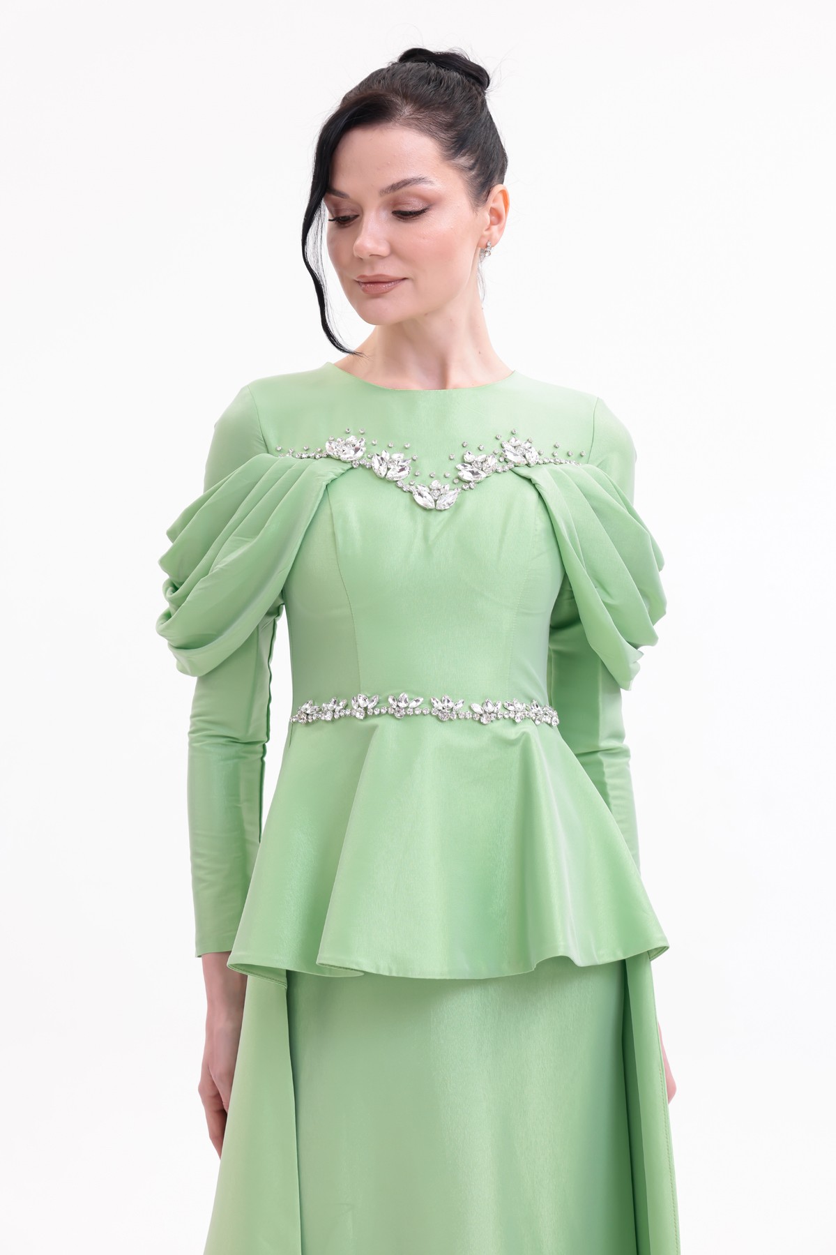 BDM Exclusive Tafta Taş İşlemeli Drape Kollu Peplum Premium Abiye Elbise