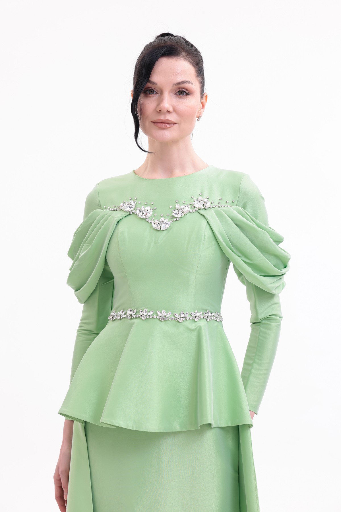 BDM Exclusive Tafta Taş İşlemeli Drape Kollu Peplum Premium Abiye Elbise