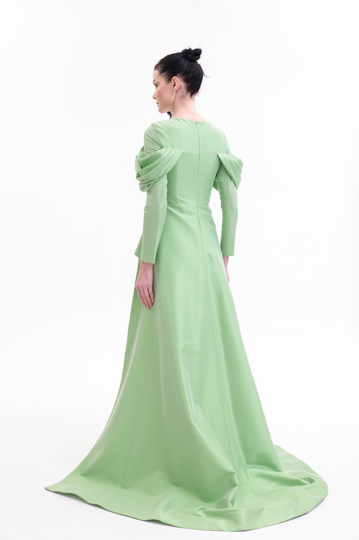 BDM Exclusive Tafta Taş İşlemeli Drape Kollu Peplum Premium Abiye Elbise