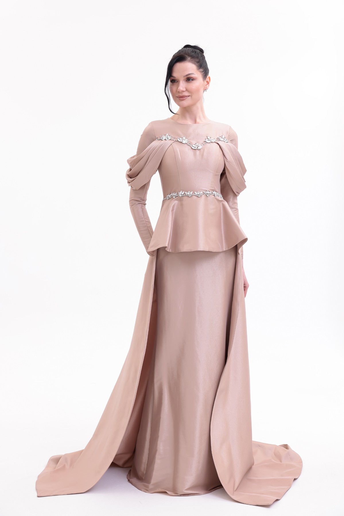 BDM Exclusive Tafta Taş İşlemeli Drape Kollu Peplum Premium Abiye Elbise