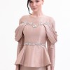 BDM Exclusive Tafta Taş İşlemeli Drape Kollu Peplum Premium Abiye Elbise