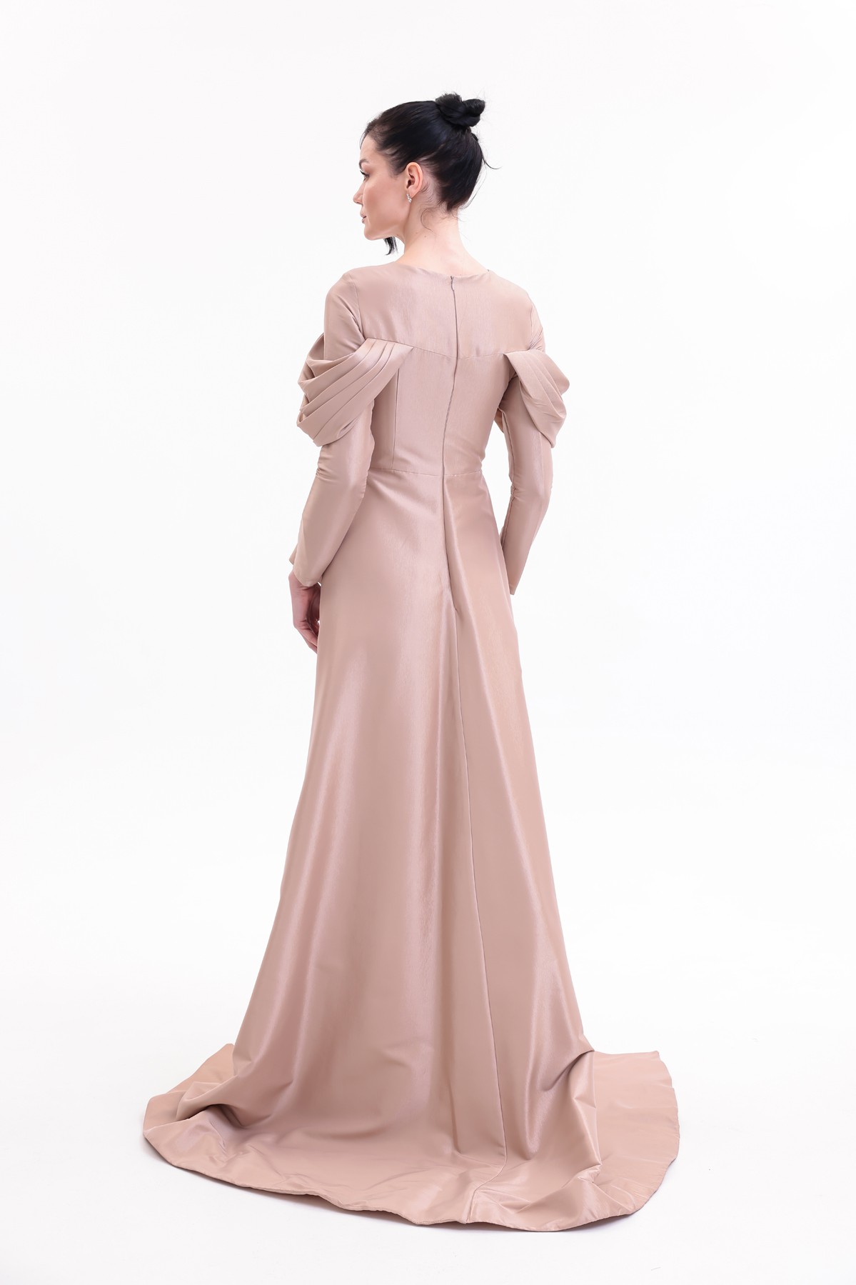 BDM Exclusive Tafta Taş İşlemeli Drape Kollu Peplum Premium Abiye Elbise
