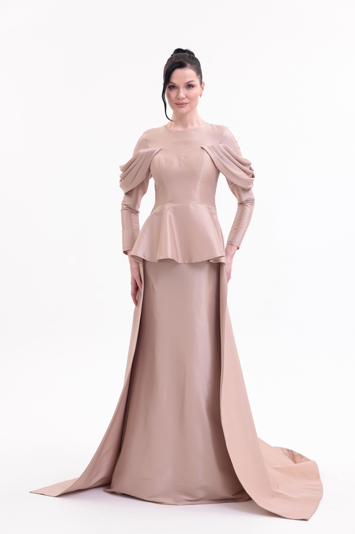 BDM Exclusive Tafta Drape Kollu Peplum Bel Taşlı Premium Abiye Elbise