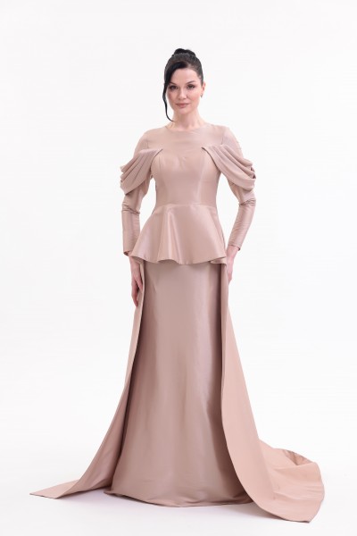 BDM Exclusive Tafta Drape Kollu Peplum Bel Taşlı Premium Abiye Elbise