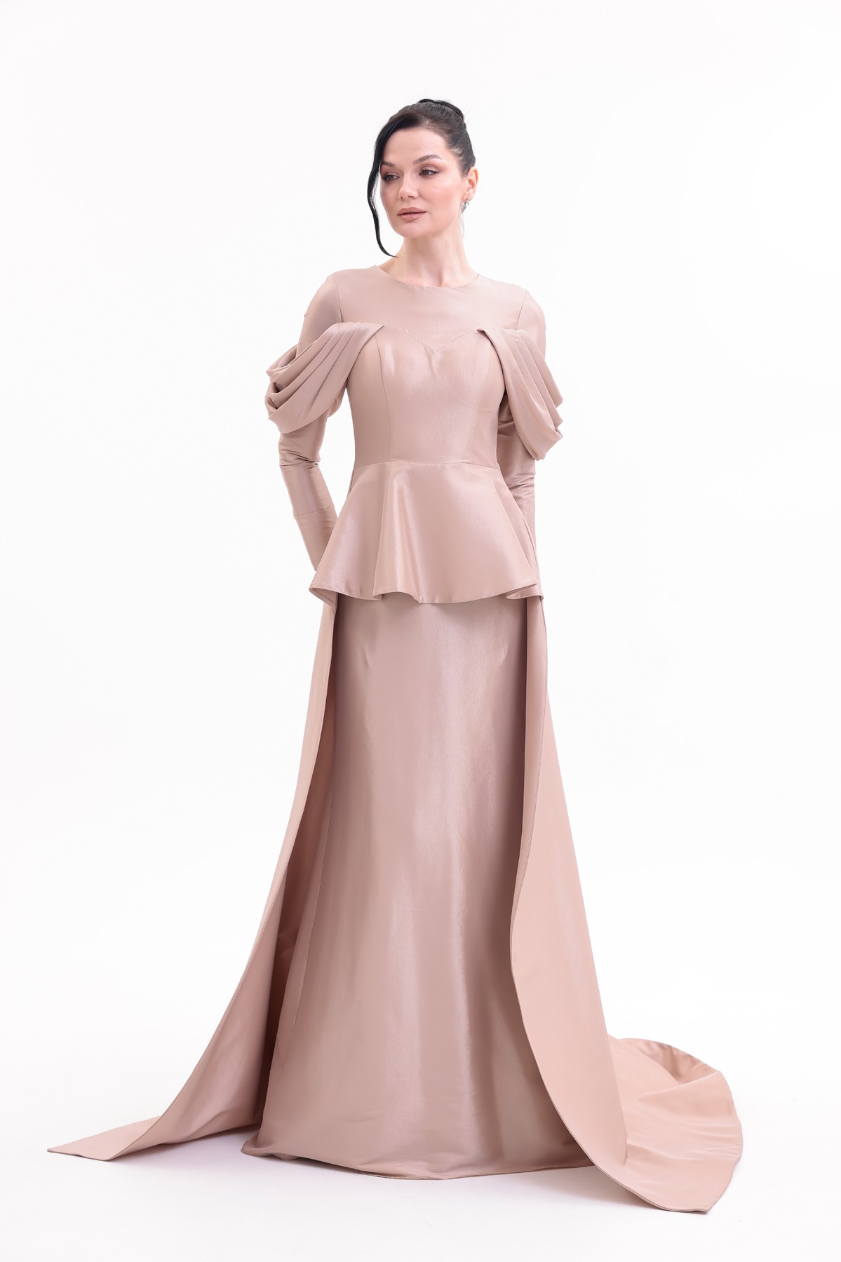 BDM Exclusive Tafta Drape Kollu Peplum Bel Taşlı Premium Abiye Elbise