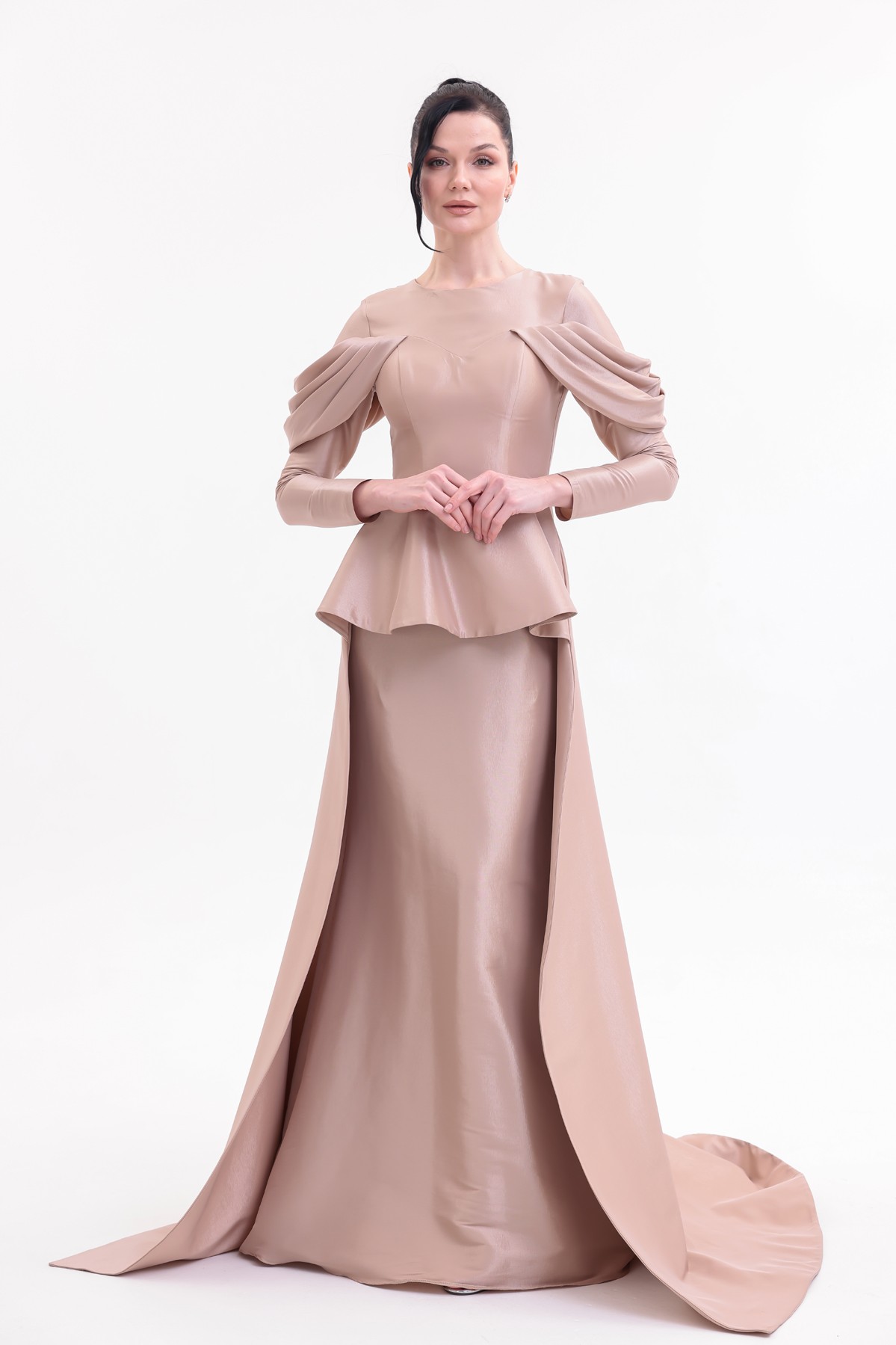 BDM Exclusive Tafta Drape Kollu Peplum Bel Taşlı Premium Abiye Elbise