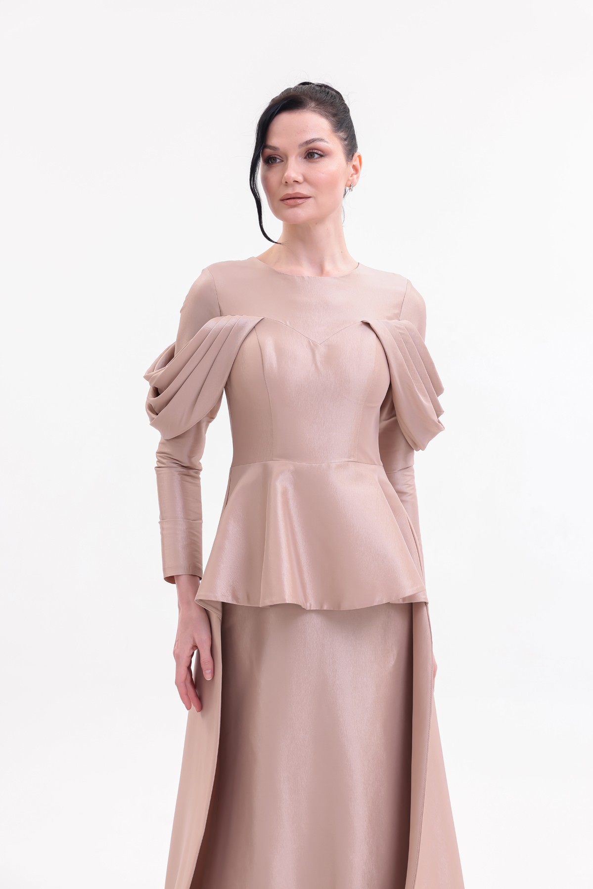 BDM Exclusive Tafta Drape Kollu Peplum Bel Taşlı Premium Abiye Elbise