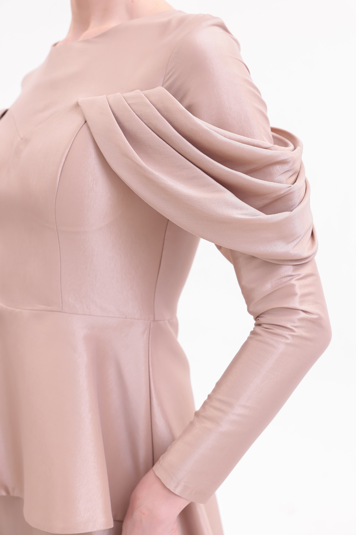 BDM Exclusive Tafta Drape Kollu Peplum Bel Taşlı Premium Abiye Elbise