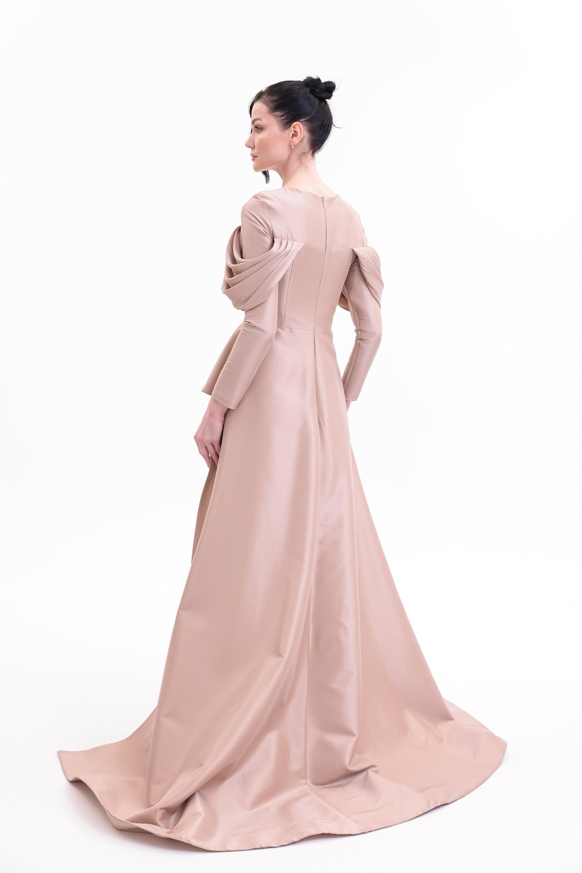 BDM Exclusive Tafta Drape Kollu Peplum Bel Taşlı Premium Abiye Elbise