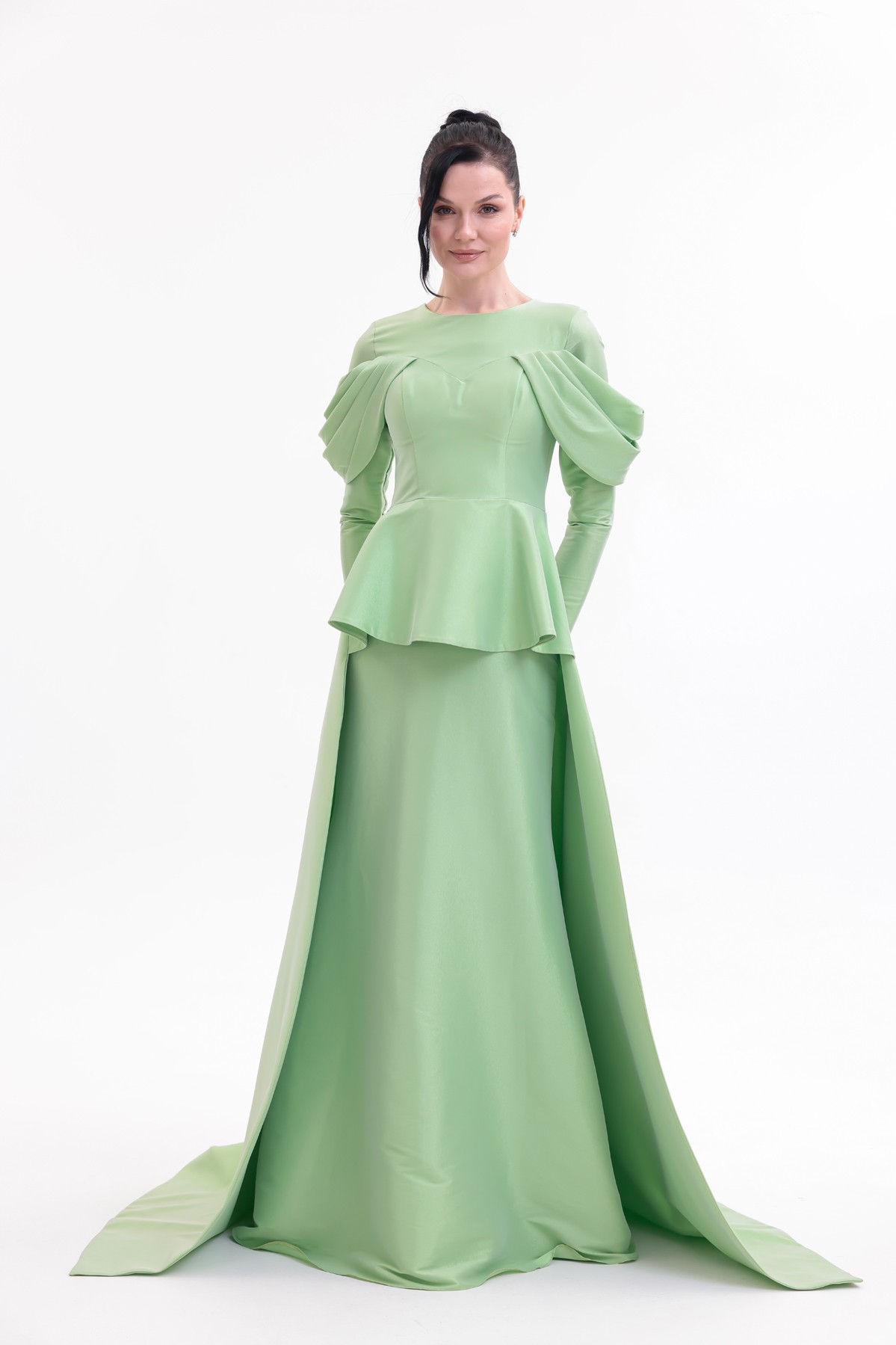BDM Exclusive Tafta Drape Kollu Peplum Bel Taşlı Premium Abiye Elbise