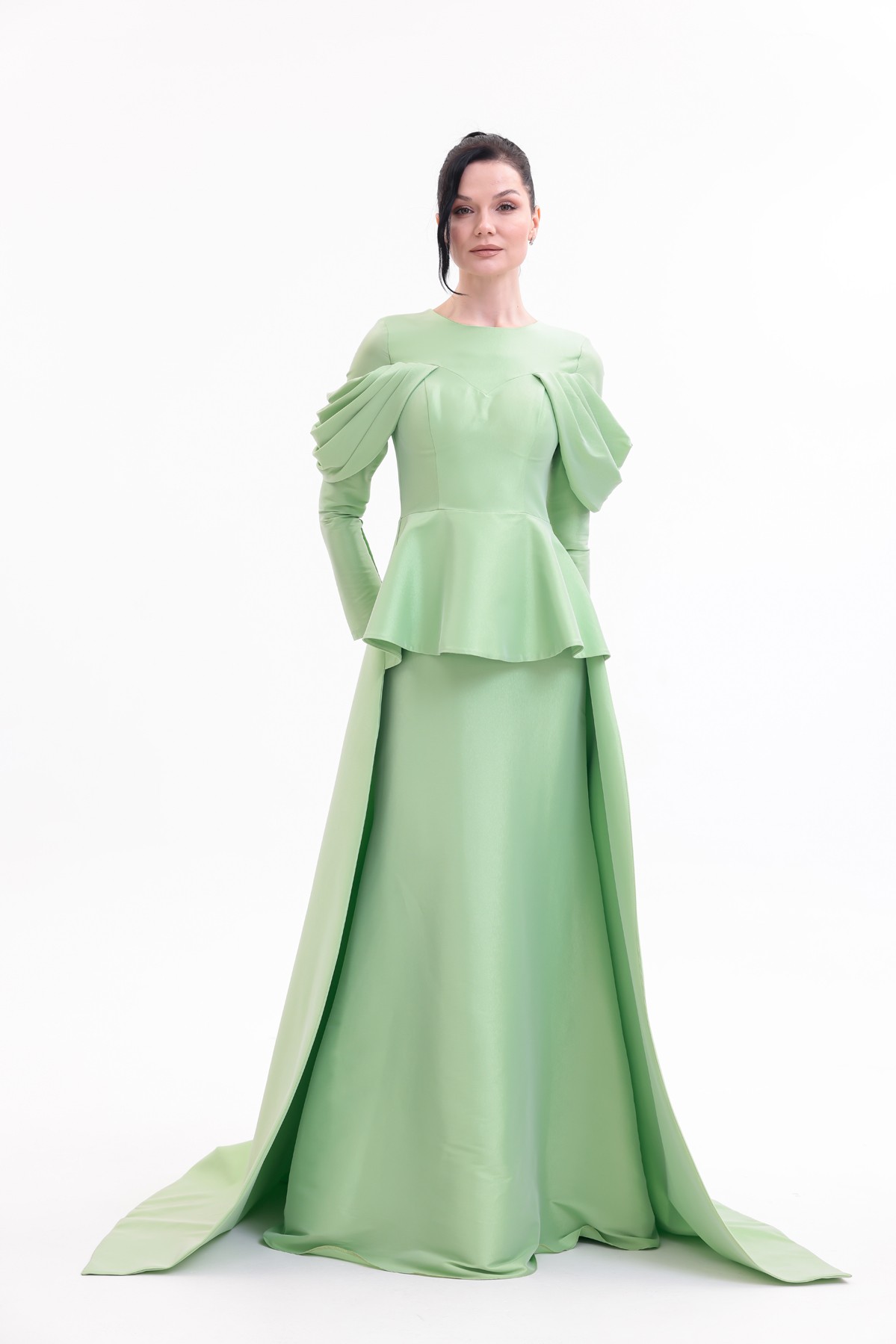 BDM Exclusive Tafta Drape Kollu Peplum Bel Taşlı Premium Abiye Elbise