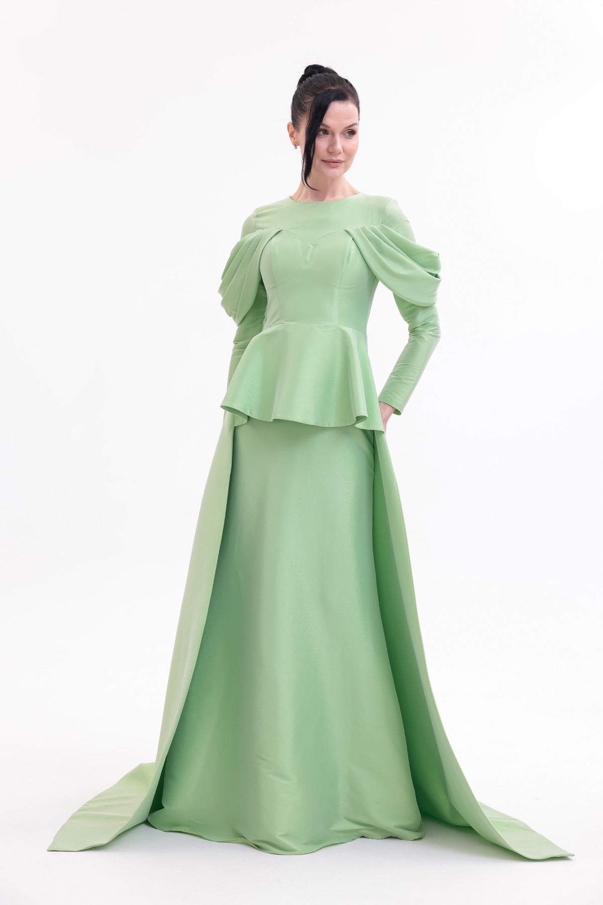 BDM Exclusive Tafta Drape Kollu Peplum Bel Taşlı Premium Abiye Elbise