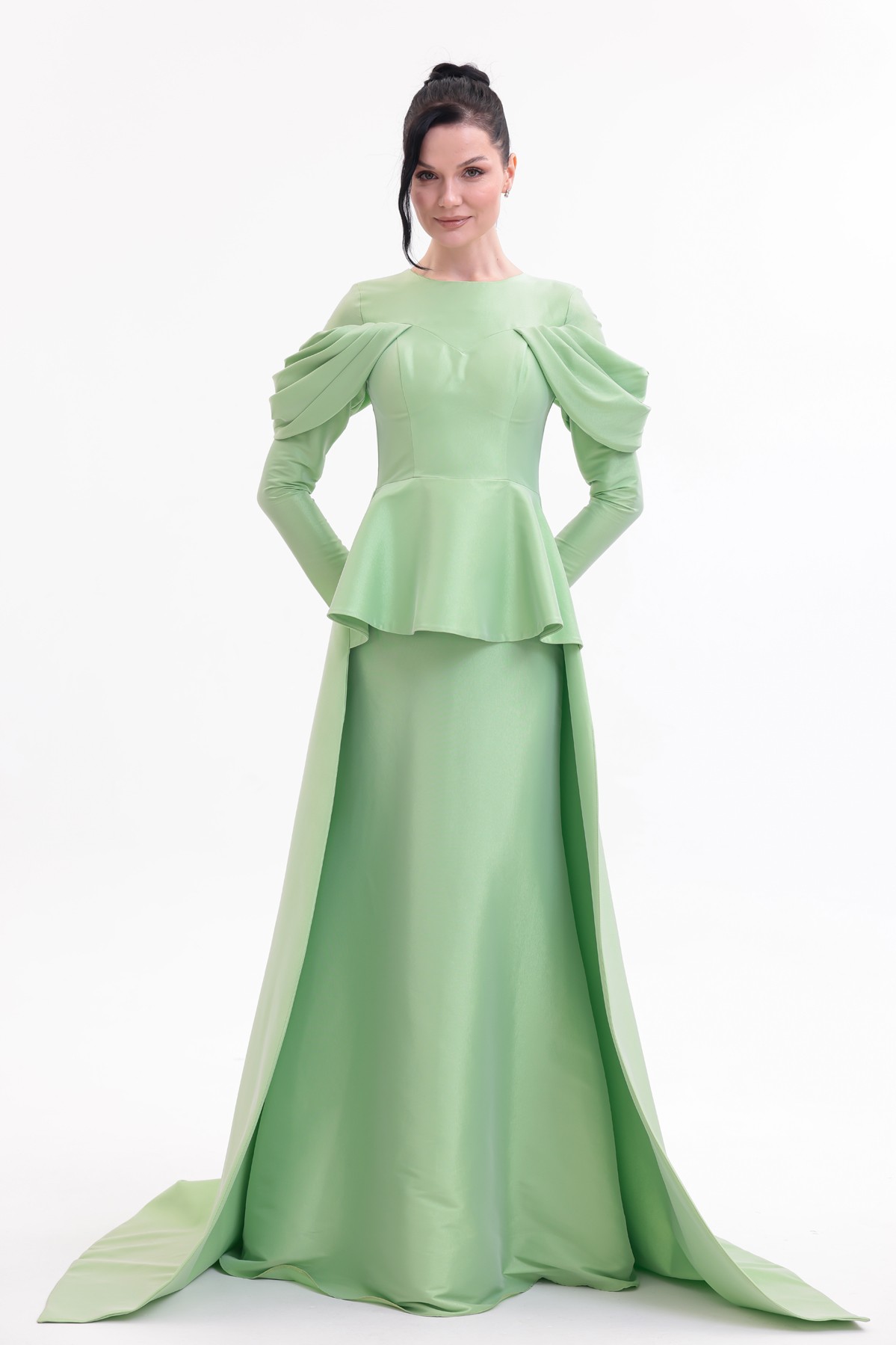 BDM Exclusive Tafta Drape Kollu Peplum Bel Taşlı Premium Abiye Elbise