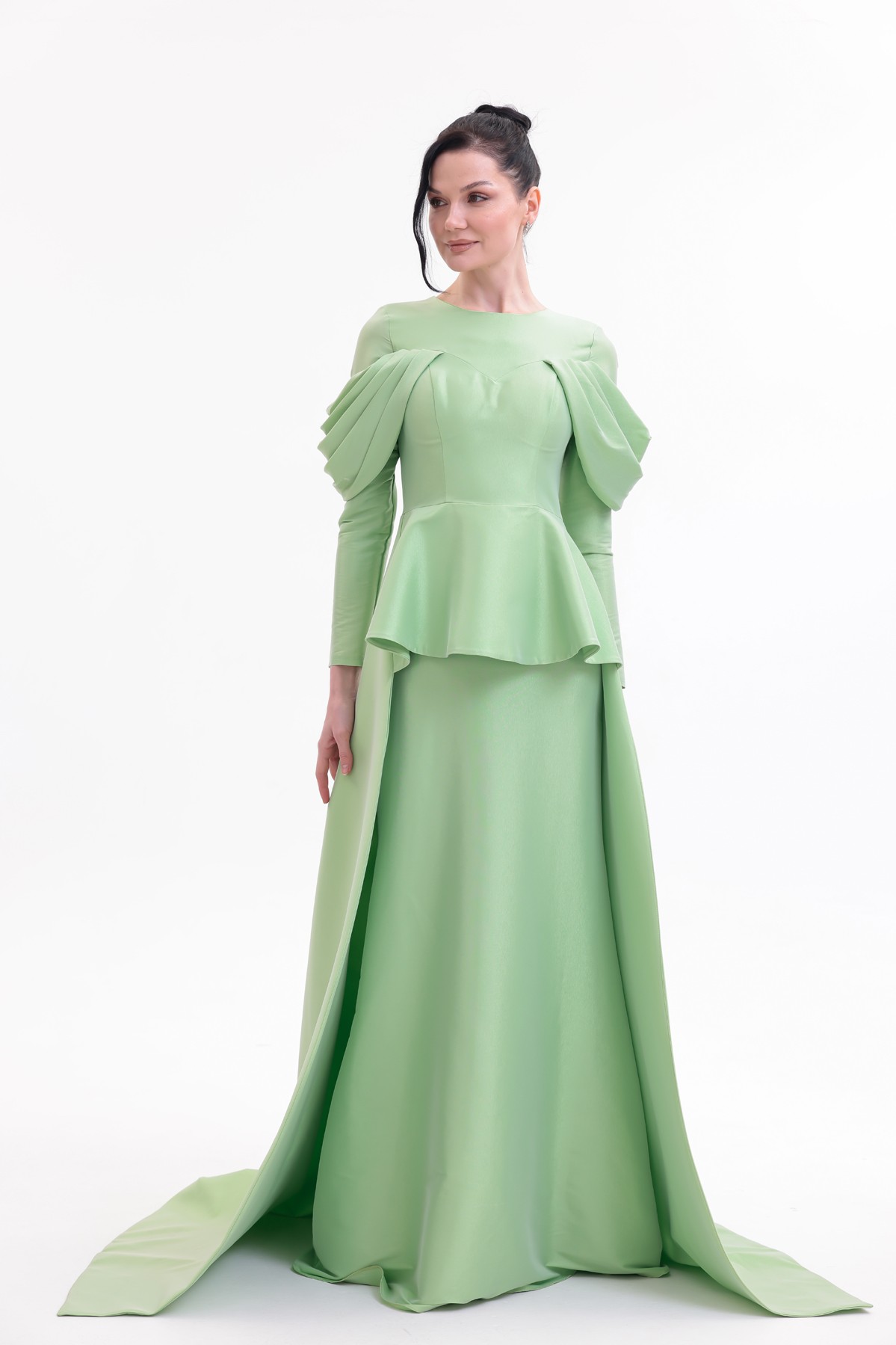 BDM Exclusive Tafta Drape Kollu Peplum Bel Taşlı Premium Abiye Elbise