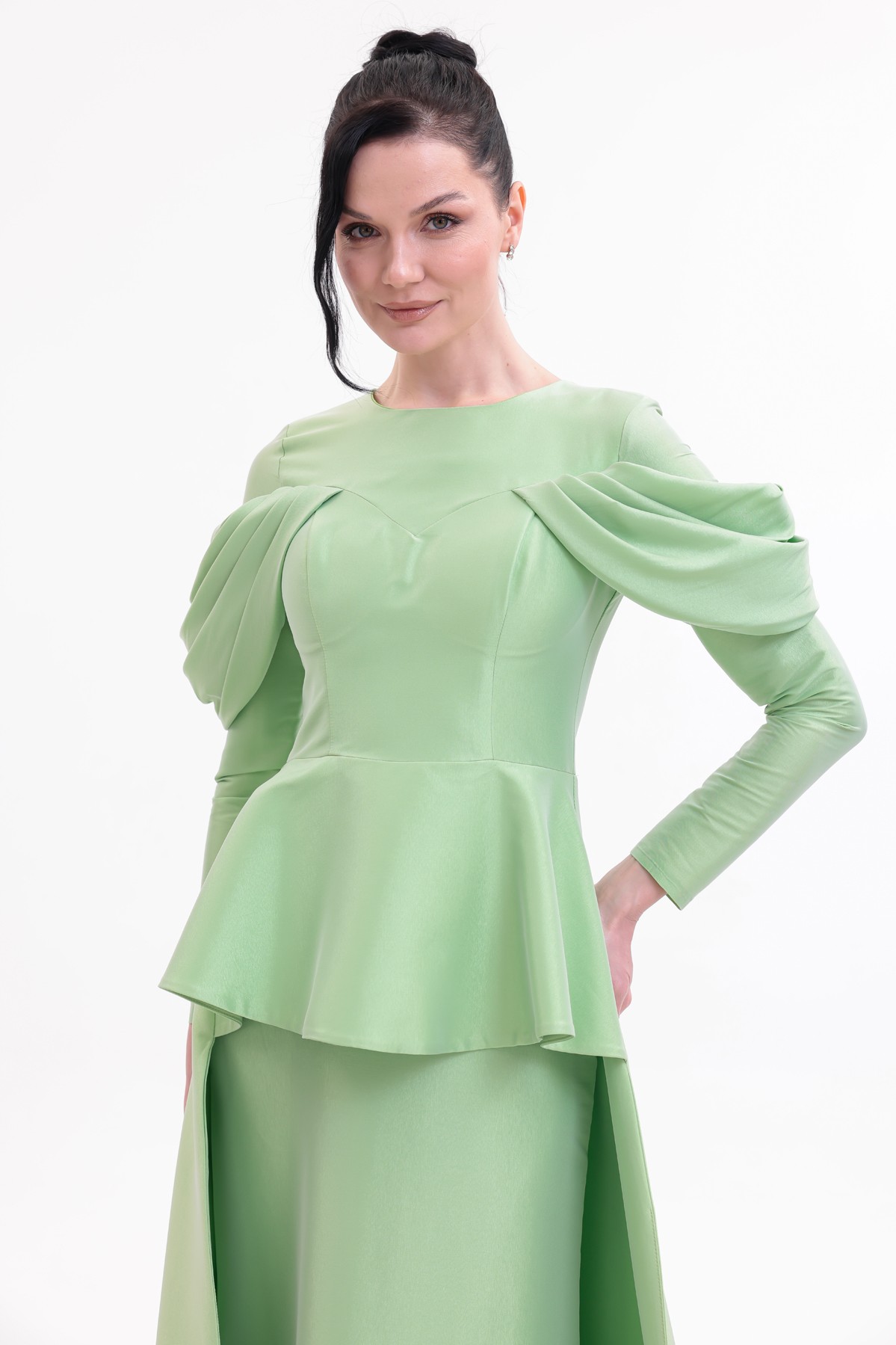 BDM Exclusive Tafta Drape Kollu Peplum Bel Taşlı Premium Abiye Elbise