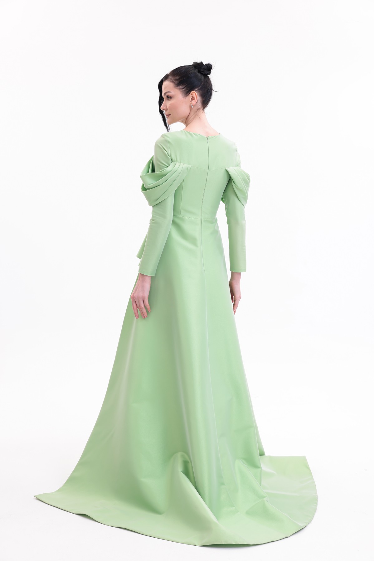 BDM Exclusive Tafta Drape Kollu Peplum Bel Taşlı Premium Abiye Elbise
