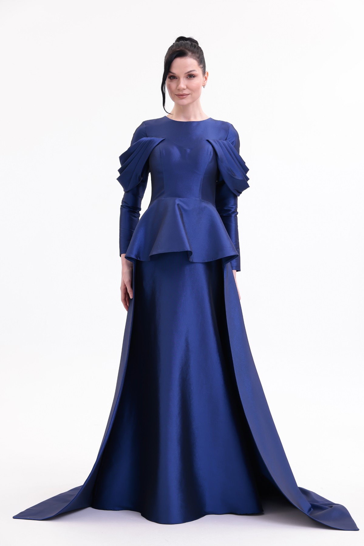 BDM Exclusive Tafta Drape Kollu Peplum Bel Taşlı Premium Abiye Elbise