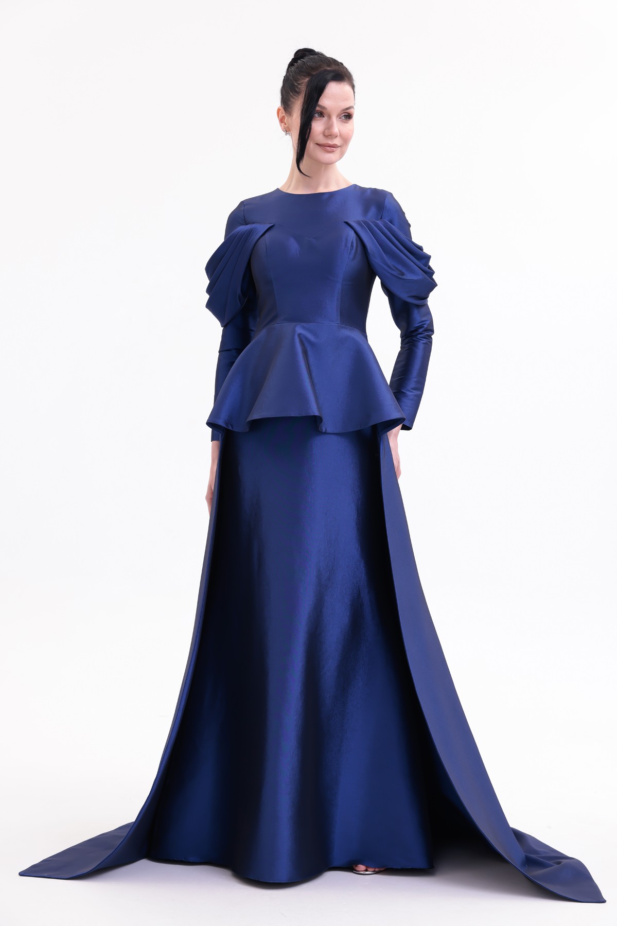 BDM Exclusive Tafta Drape Kollu Peplum Bel Taşlı Premium Abiye Elbise