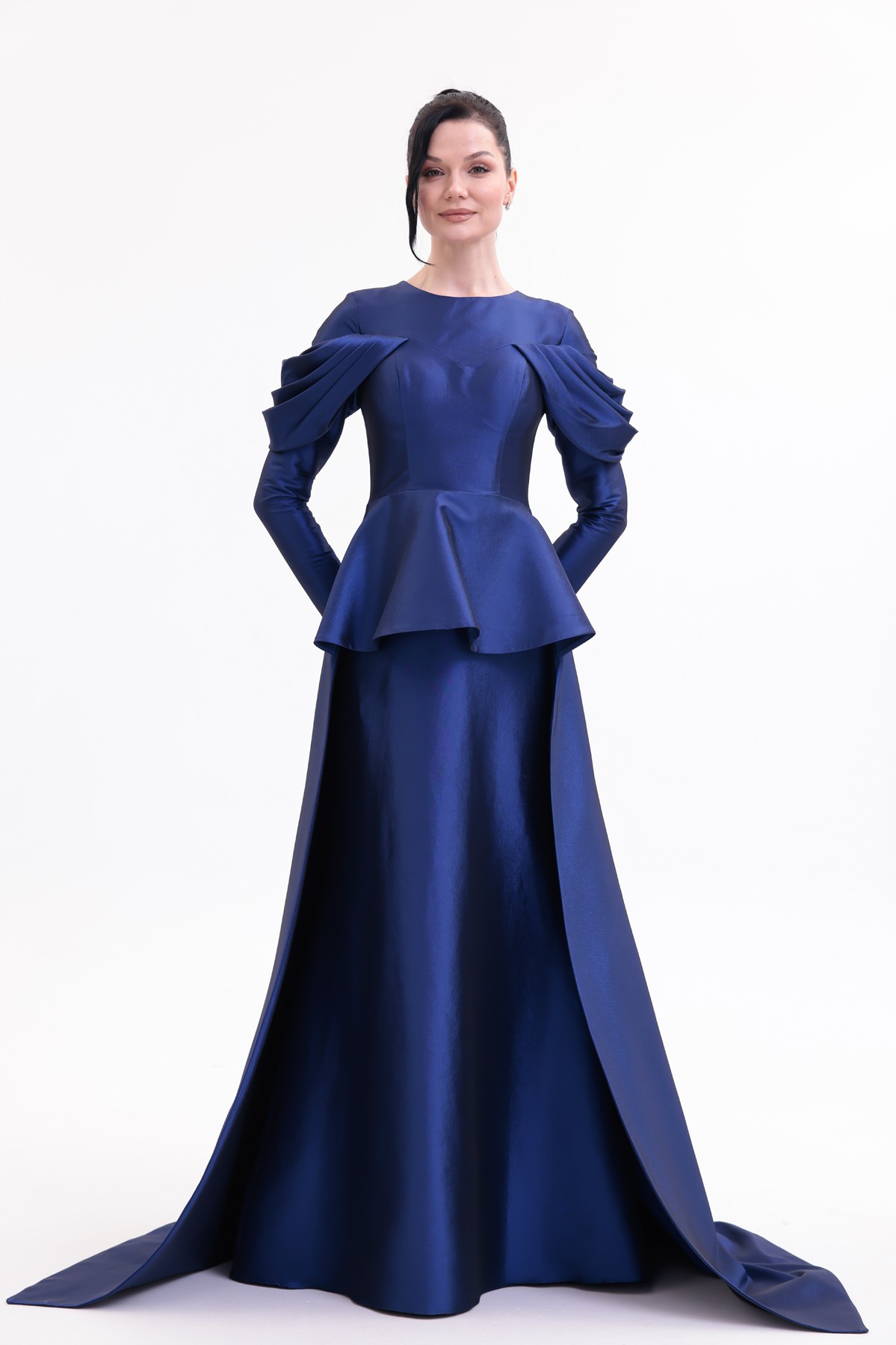 BDM Exclusive Tafta Drape Kollu Peplum Bel Taşlı Premium Abiye Elbise