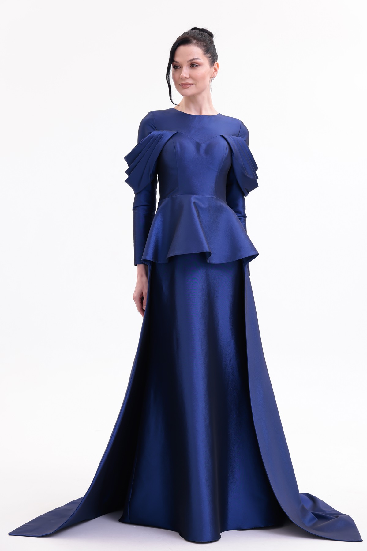 BDM Exclusive Tafta Drape Kollu Peplum Bel Taşlı Premium Abiye Elbise