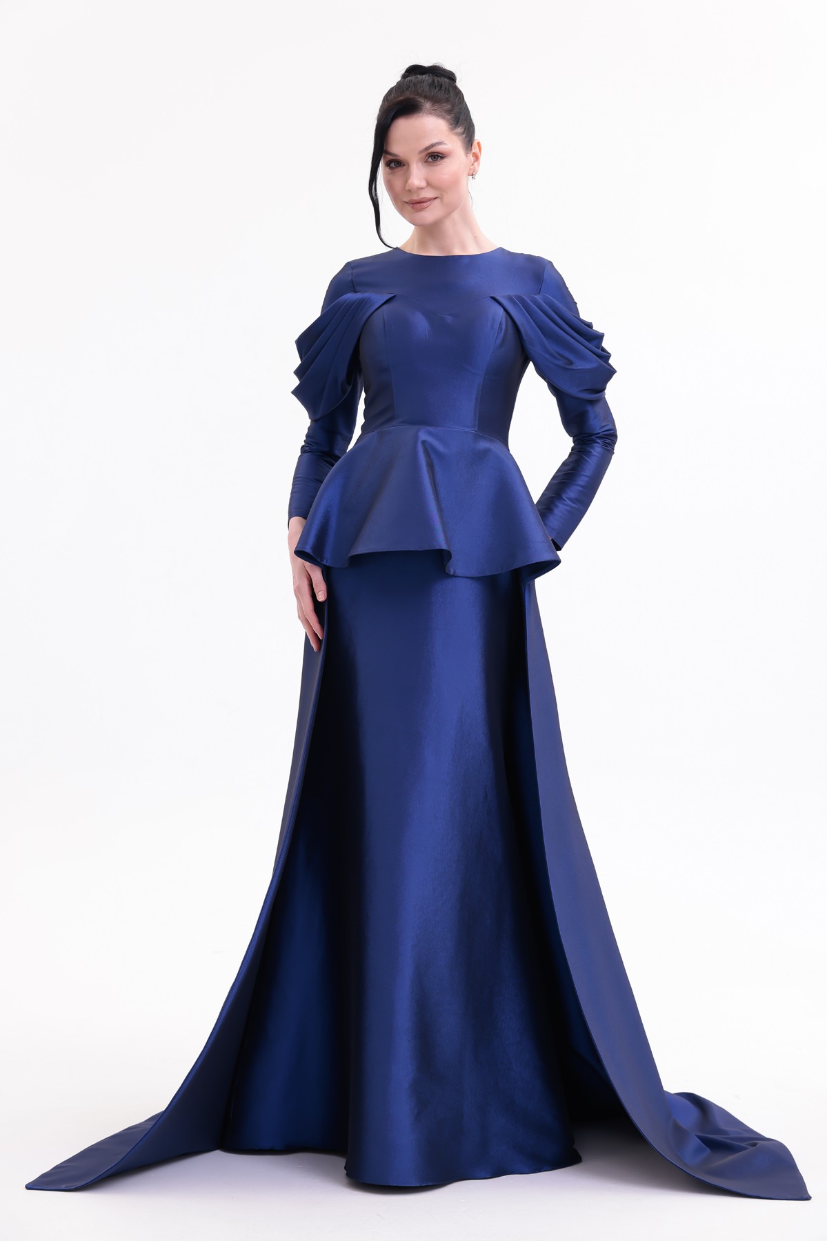 BDM Exclusive Tafta Drape Kollu Peplum Bel Taşlı Premium Abiye Elbise