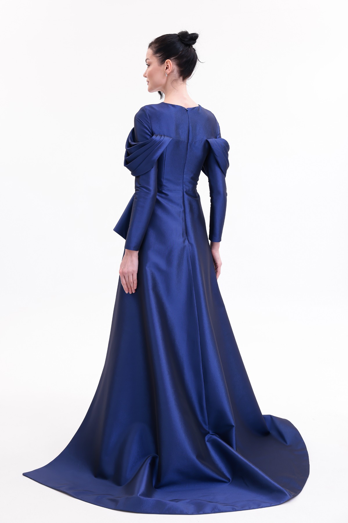 BDM Exclusive Tafta Drape Kollu Peplum Bel Taşlı Premium Abiye Elbise