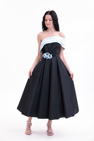 BDM Exclusive Tafta Çiçek Detaylı Off-Shoulder Premium Abiye Elbise