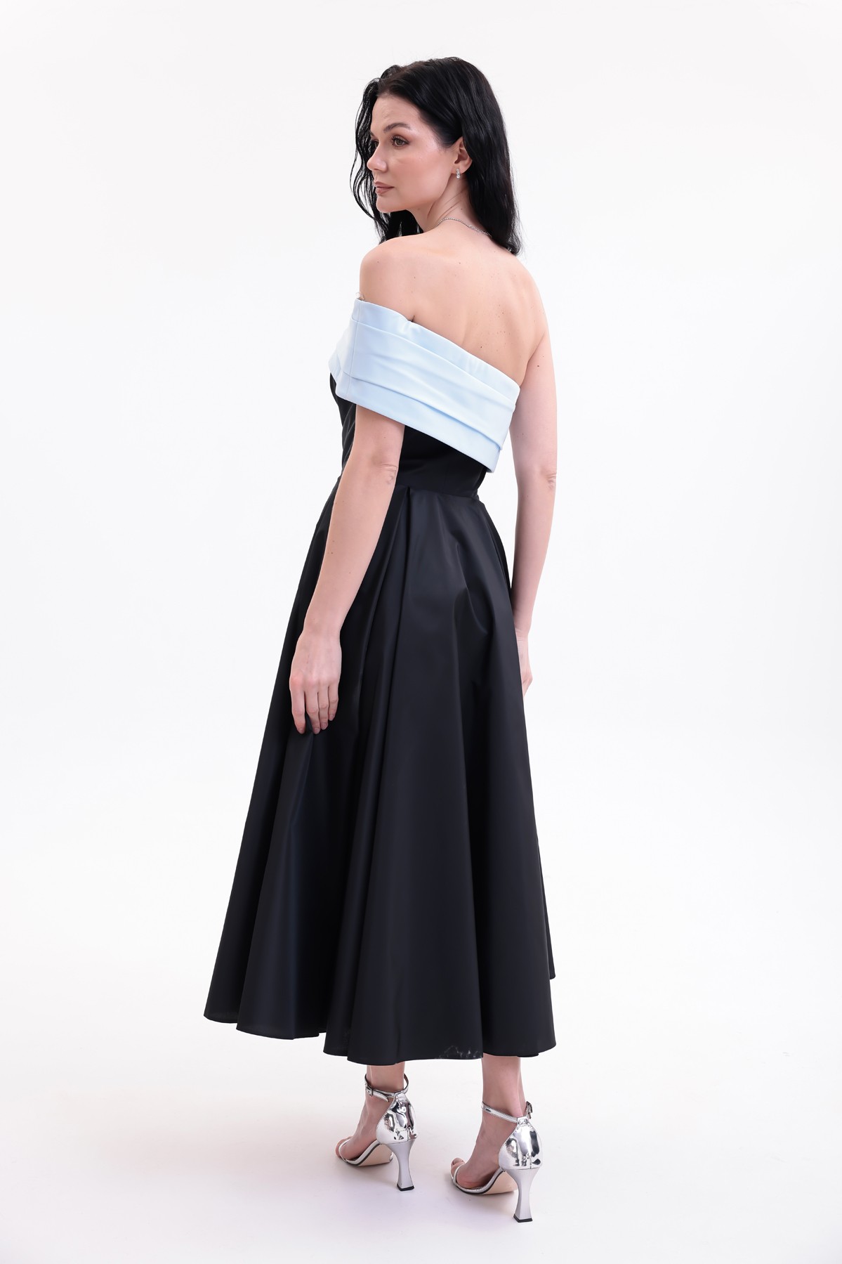 BDM Exclusive Tafta Çiçek Detaylı Off-Shoulder Premium Abiye Elbise