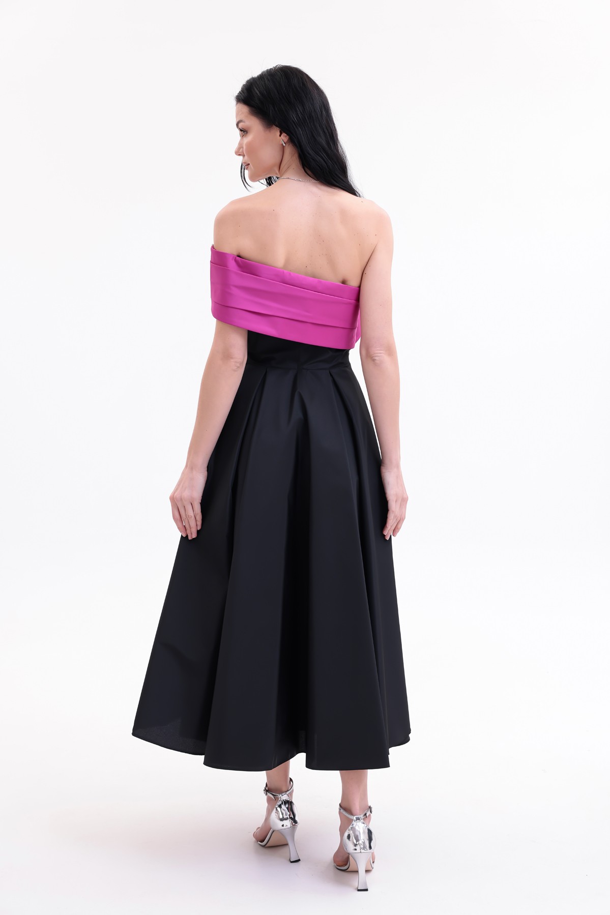 BDM Exclusive Tafta Çiçek Detaylı Off-Shoulder Premium Abiye Elbise