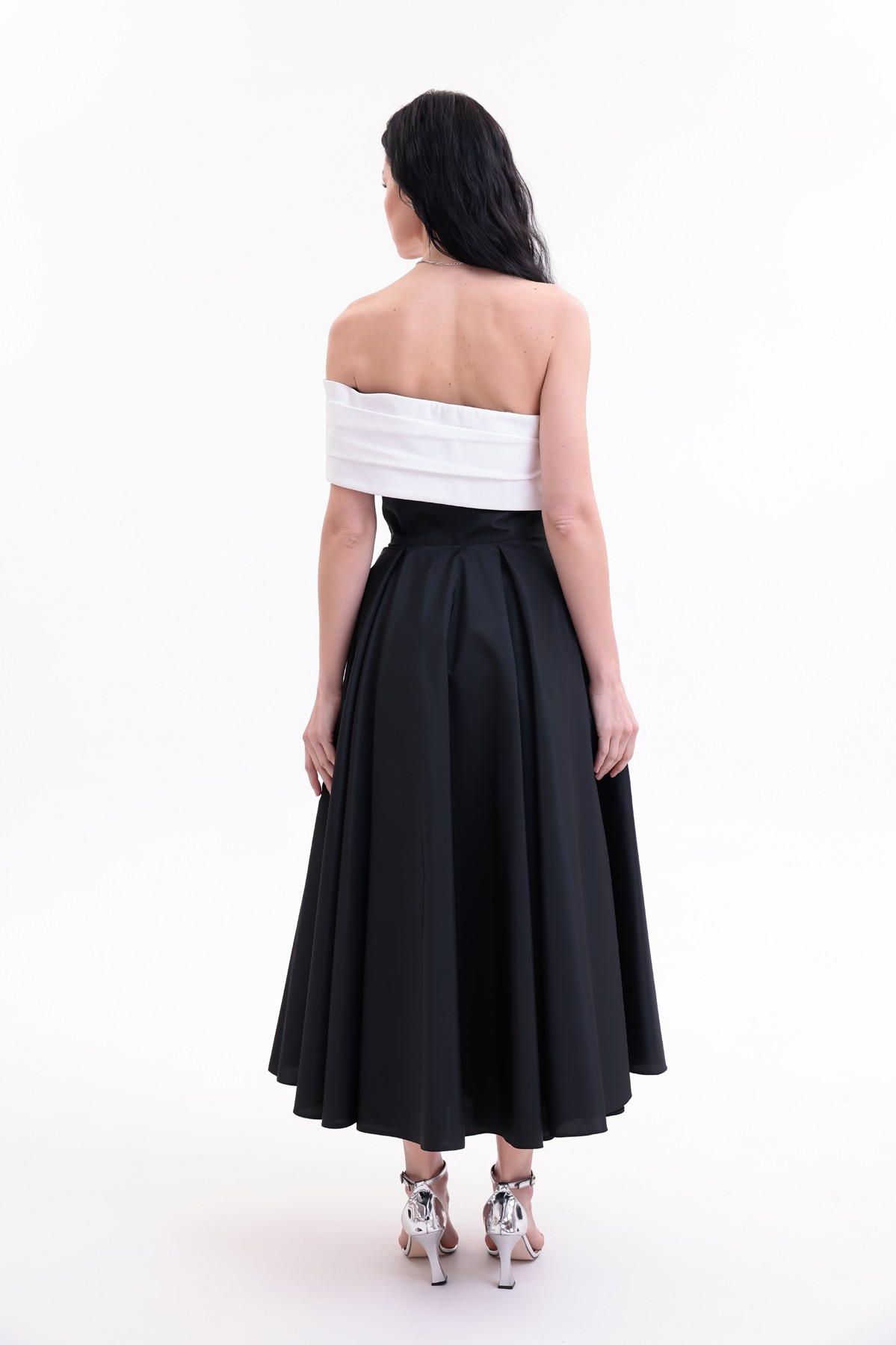 BDM Exclusive Tafta Çiçek Detaylı Off-Shoulder Premium Abiye Elbise