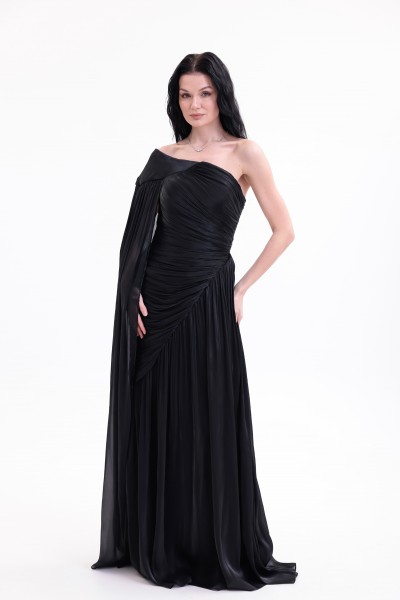 BDM Exclusive Parlak Şifon Drape Kollu Tek Omuz Premium Abiye Elbise BDM Exclusive Parlak Şifon Drape Kollu Tek Omuz Premium Abiye Elbise