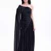 BDM Exclusive Parlak Şifon Drape Kollu Tek Omuz Premium Abiye Elbise