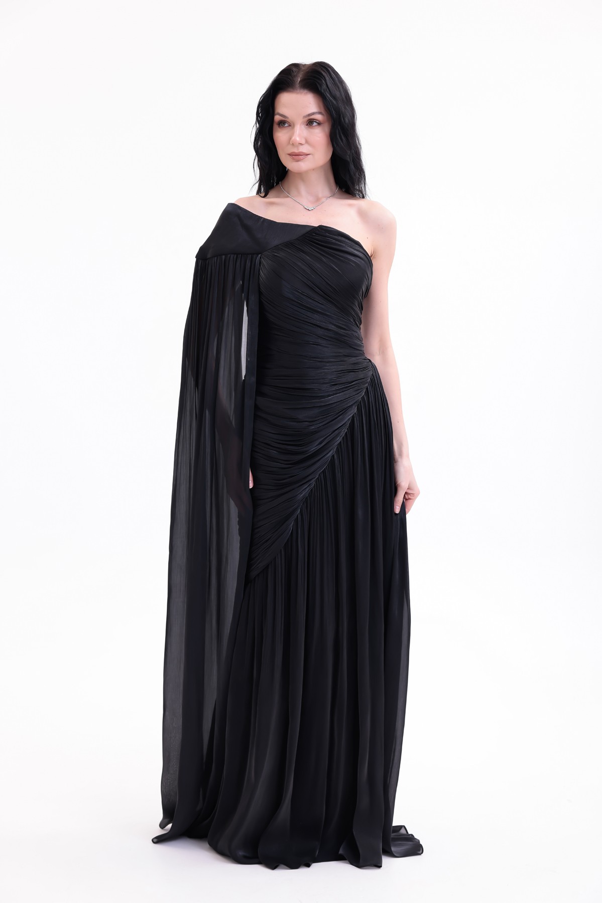 BDM Exclusive Parlak Şifon Drape Kollu Tek Omuz Premium Abiye Elbise