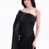 BDM Exclusive Parlak Şifon Drape Kollu Tek Omuz Premium Abiye Elbise