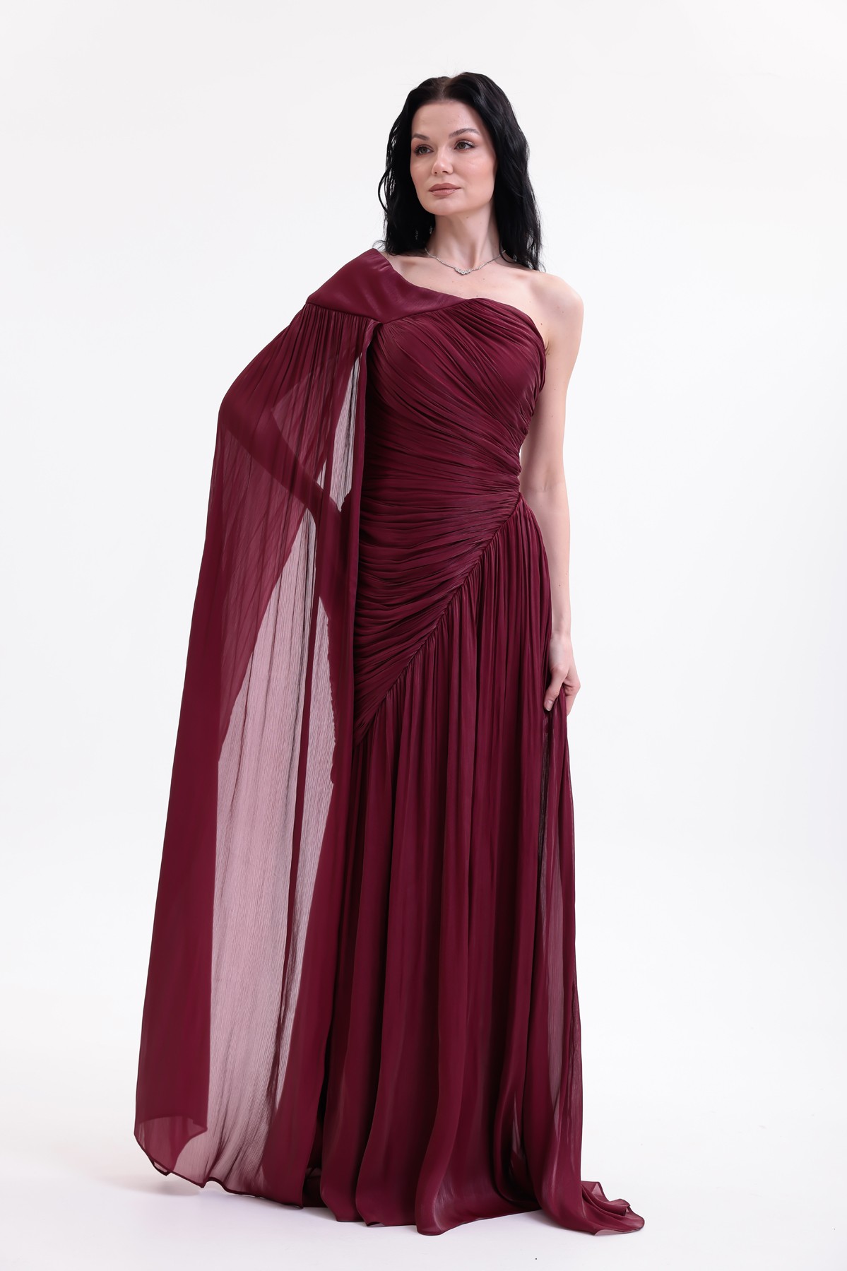 BDM Exclusive Parlak Şifon Drape Kollu Tek Omuz Premium Abiye Elbise
