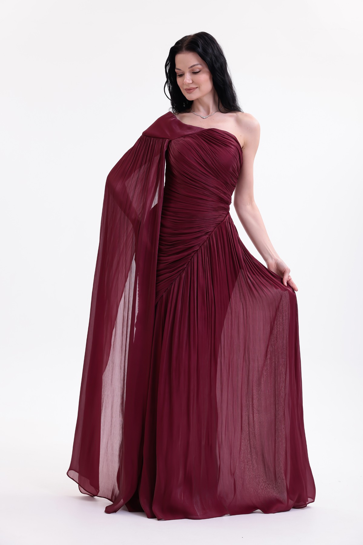 BDM Exclusive Parlak Şifon Drape Kollu Tek Omuz Premium Abiye Elbise