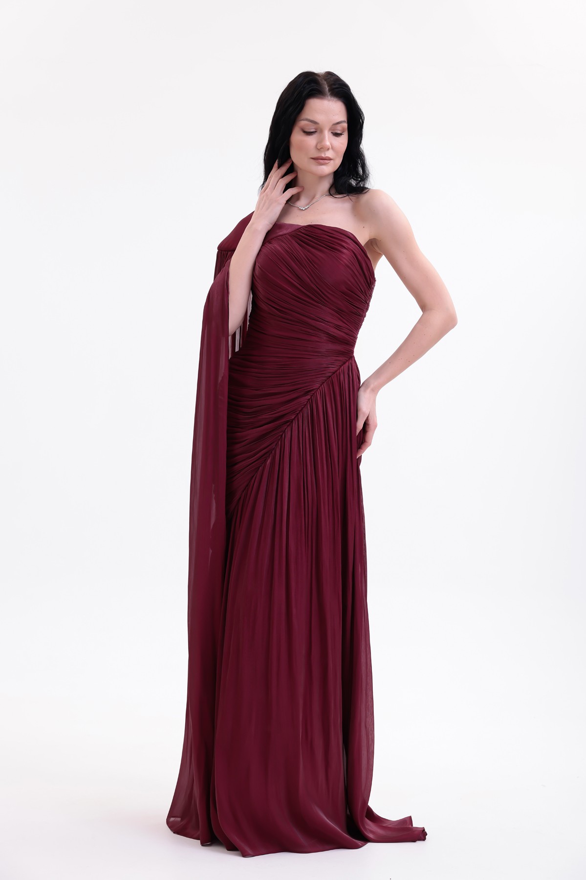BDM Exclusive Parlak Şifon Drape Kollu Tek Omuz Premium Abiye Elbise
