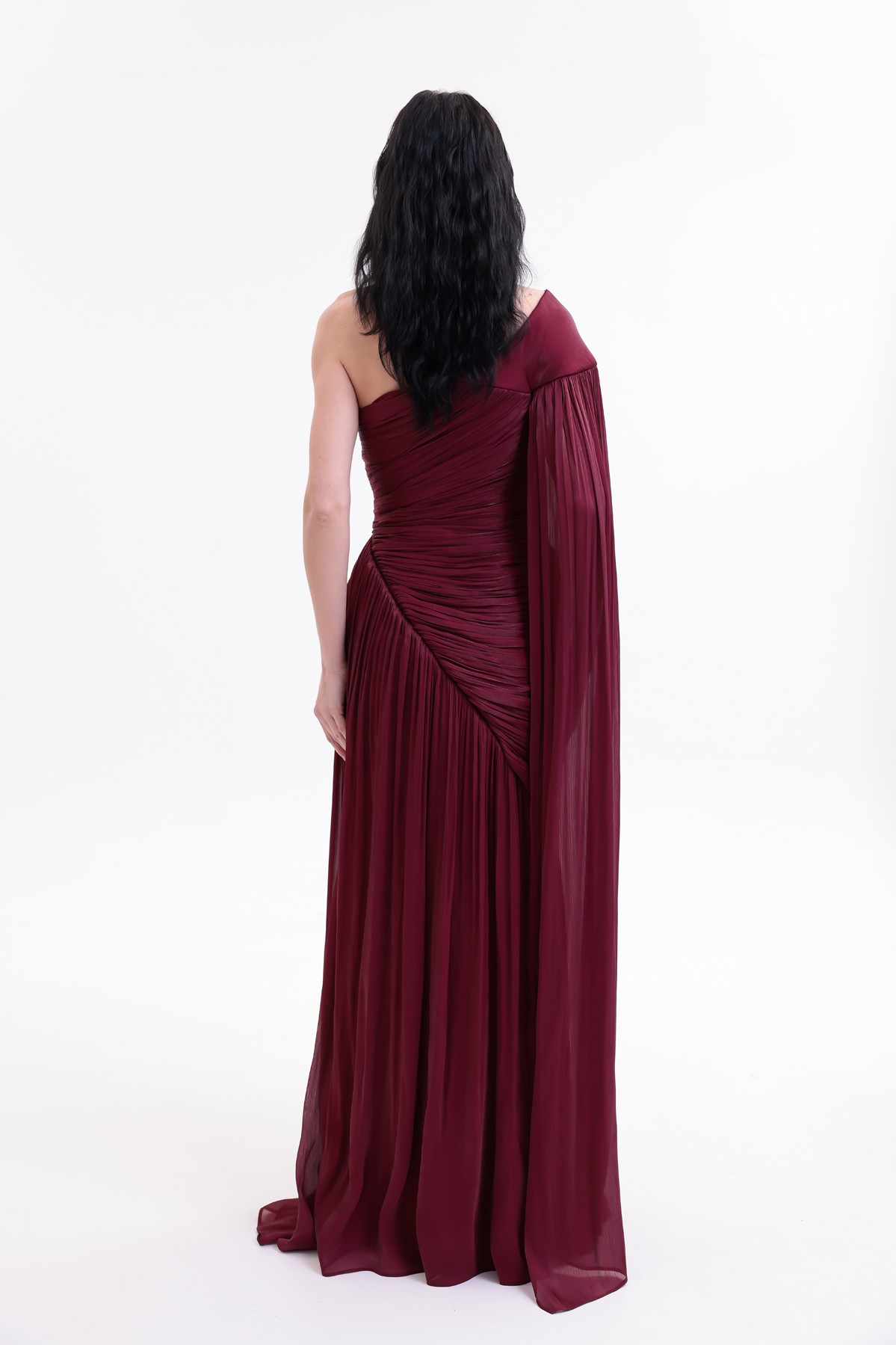 BDM Exclusive Parlak Şifon Drape Kollu Tek Omuz Premium Abiye Elbise