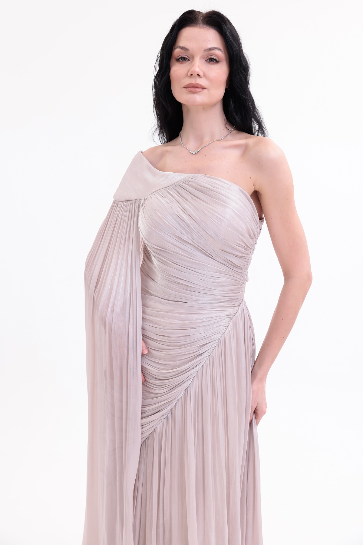 BDM Exclusive Parlak Şifon Drape Kollu Tek Omuz Premium Abiye Elbise