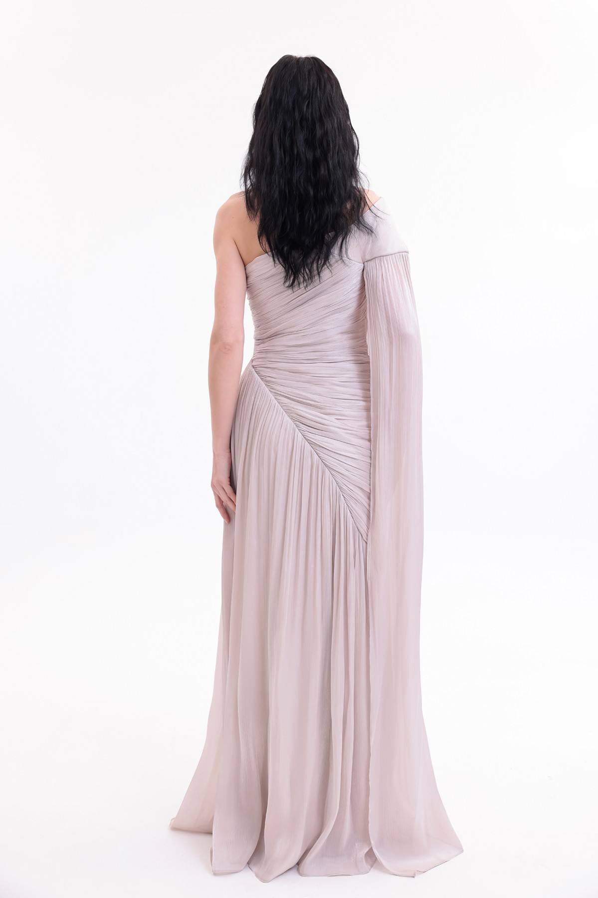 BDM Exclusive Parlak Şifon Drape Kollu Tek Omuz Premium Abiye Elbise