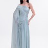 BDM Exclusive Parlak Şifon Drape Kollu Tek Omuz Premium Abiye Elbise