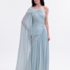 BDM Exclusive Parlak Şifon Drape Kollu Tek Omuz Premium Abiye Elbise