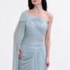 BDM Exclusive Parlak Şifon Drape Kollu Tek Omuz Premium Abiye Elbise