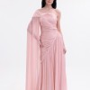 BDM Exclusive Parlak Şifon Drape Kollu Tek Omuz Premium Abiye Elbise