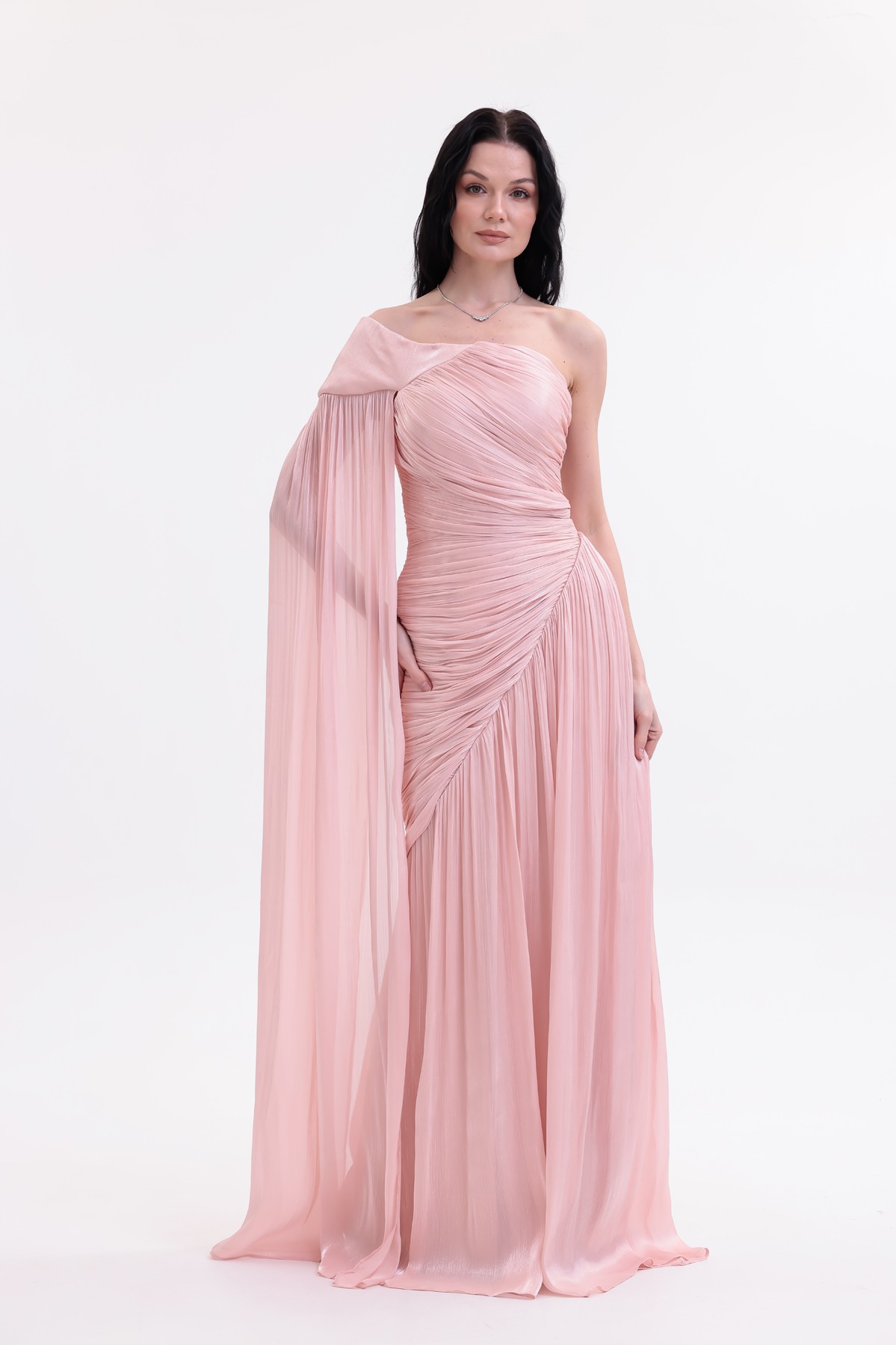 BDM Exclusive Parlak Şifon Drape Kollu Tek Omuz Premium Abiye Elbise