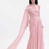 BDM Exclusive Parlak Şifon Drape Kollu Tek Omuz Premium Abiye Elbise
