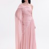 BDM Exclusive Parlak Şifon Drape Kollu Tek Omuz Premium Abiye Elbise