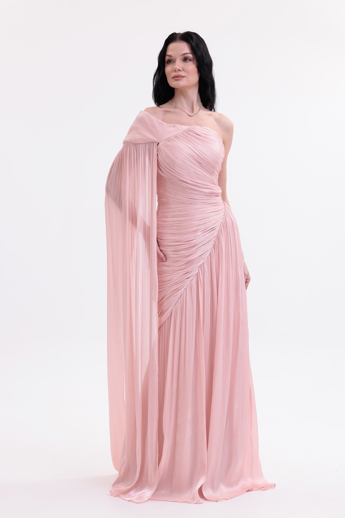 BDM Exclusive Parlak Şifon Drape Kollu Tek Omuz Premium Abiye Elbise