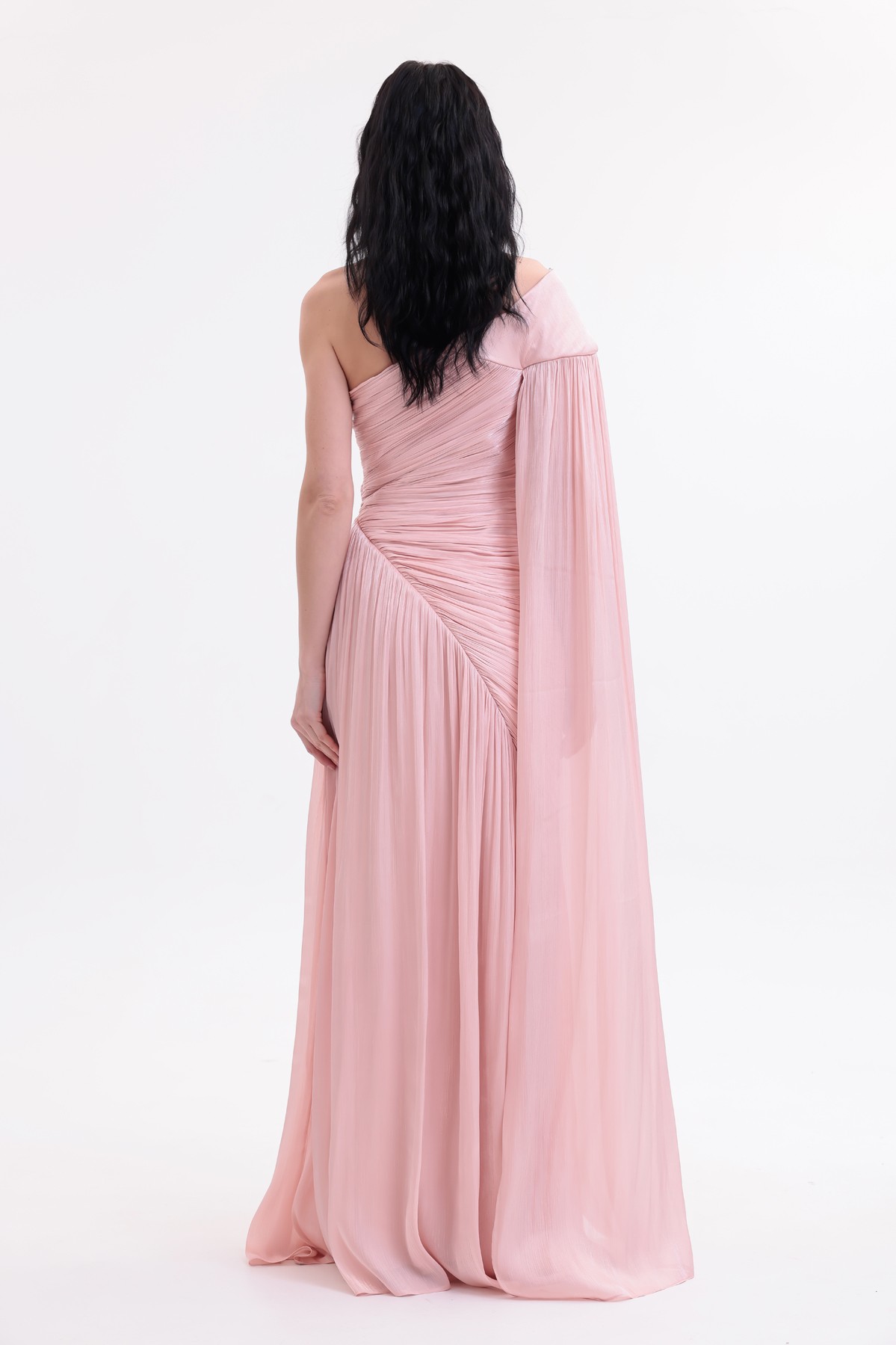 BDM Exclusive Parlak Şifon Drape Kollu Tek Omuz Premium Abiye Elbise